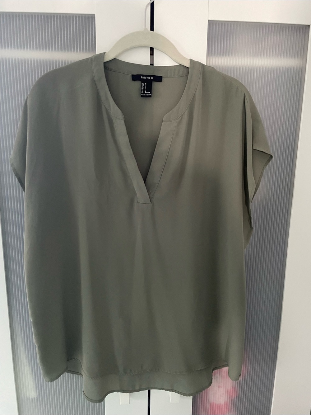 Forever 21 Sage Green Split V-Neck Cap Sleeve Blouse
